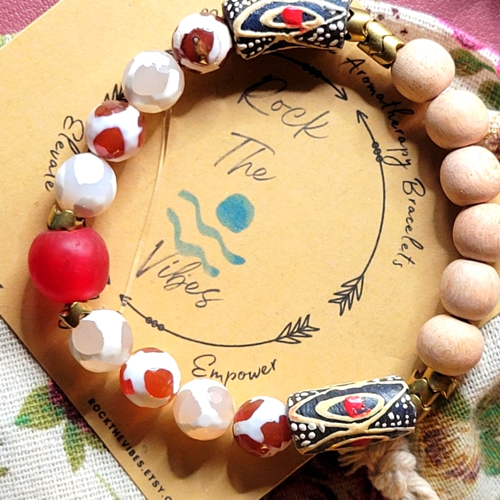 Fire & Ice Banded Agate & Recycled Sea Glass Aromatherapy Bracelet